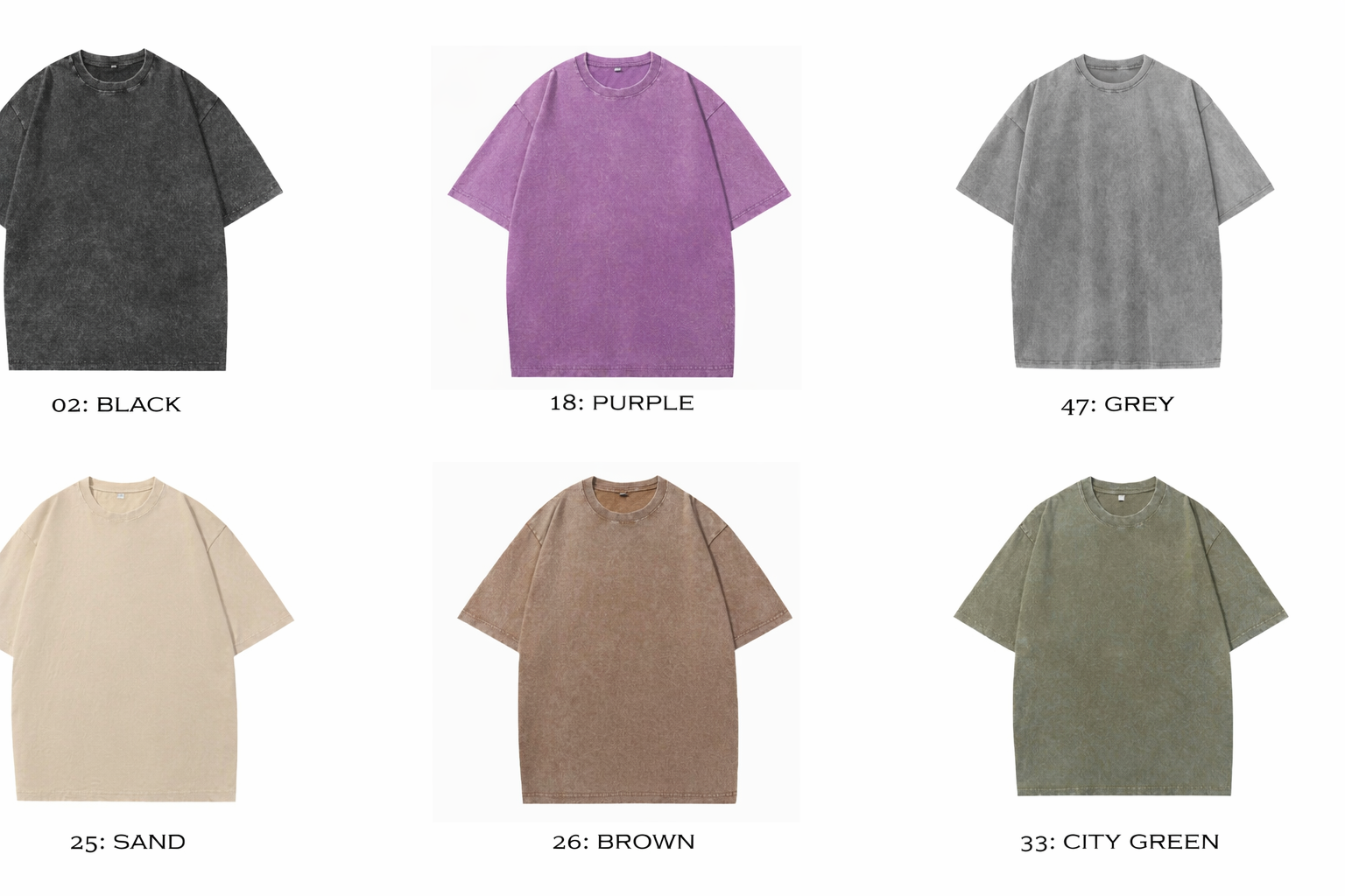 Oversized T-shirt color guide: black, purple, grey, sand, brown and city green