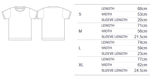 Oversized T-shirt size guide showing length, flat width and sleeve measurements for S to XL