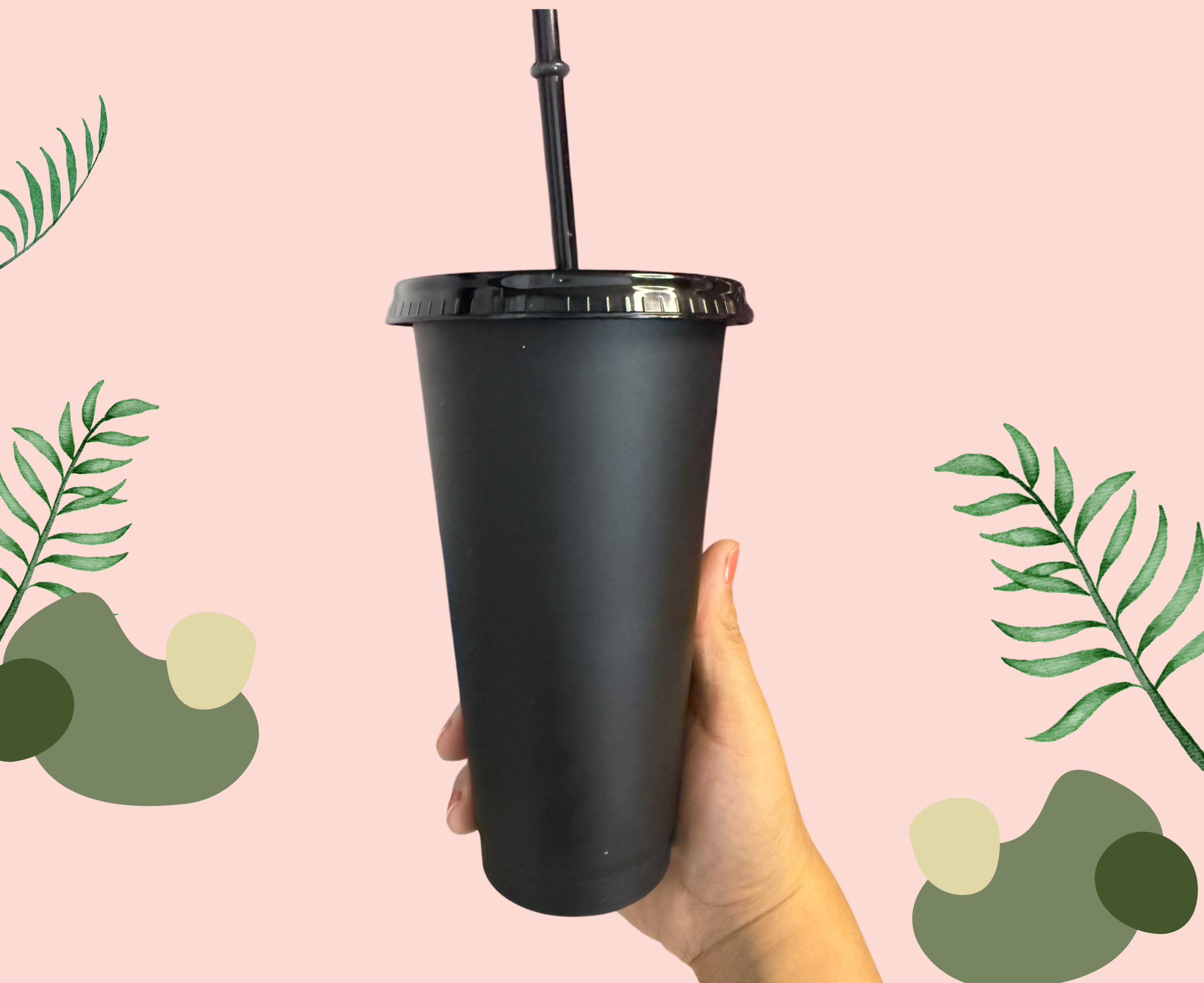 Blank black plastic cup with matching lid and straw