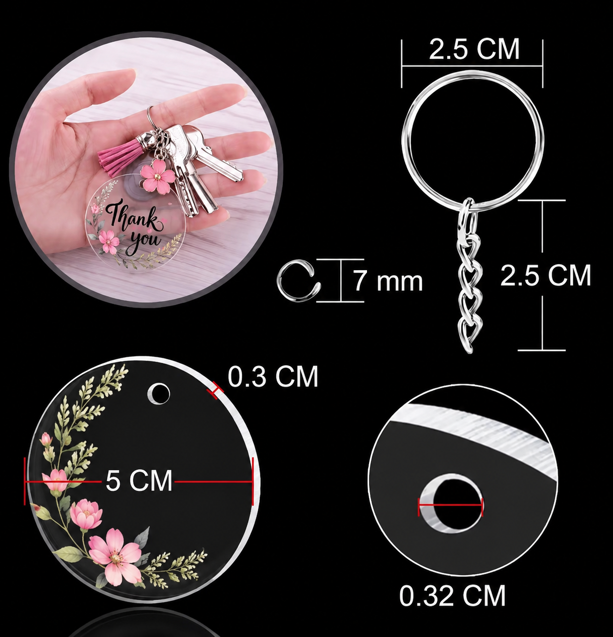 Round acrylic keychain dimension guide showing a 5 cm diameter