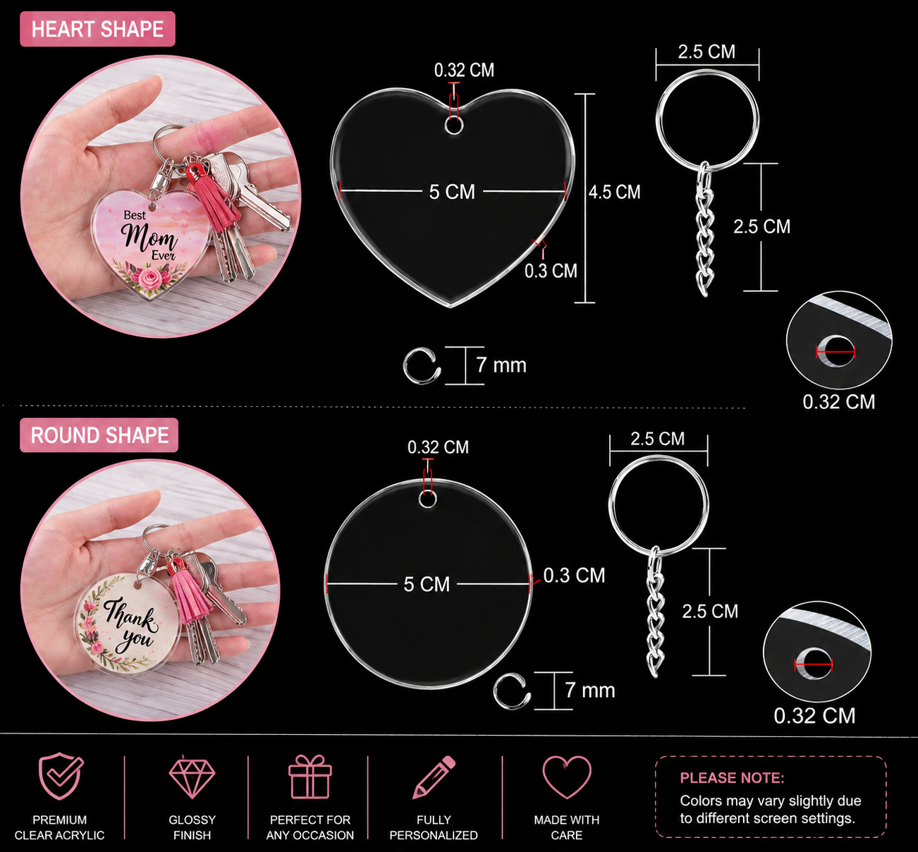 Heart and circle acrylic keychain dimension guide