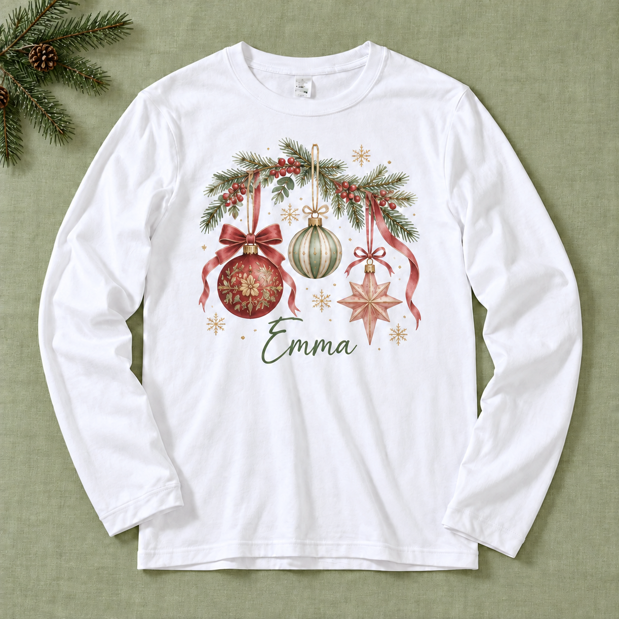 Personalized Christmas Ornament Long-Sleeve Tee — front view
