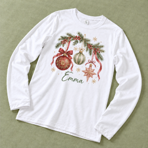 Personalized Christmas Ornament Long-Sleeve Tee — angled view