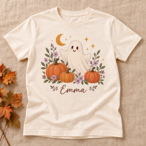 Personalized Halloween Ghost & Pumpkin T-Shirt — front view