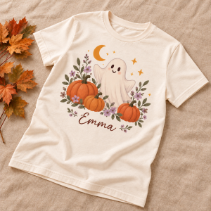 Personalized Halloween Ghost & Pumpkin T-Shirt — angled view
