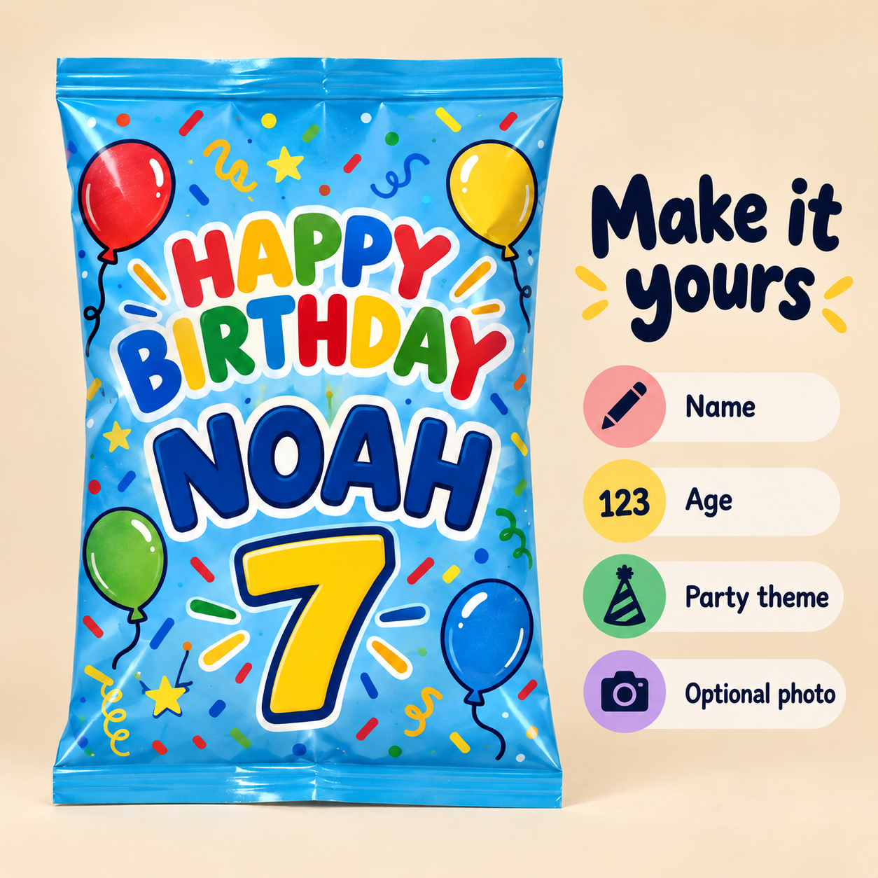 Personalized Birthday Chip Bags | Empty Party Favor Bags — personalized design and product detail