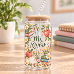 Personalized Teacher Books & Blooms Glass Mug · 550 ml — front view