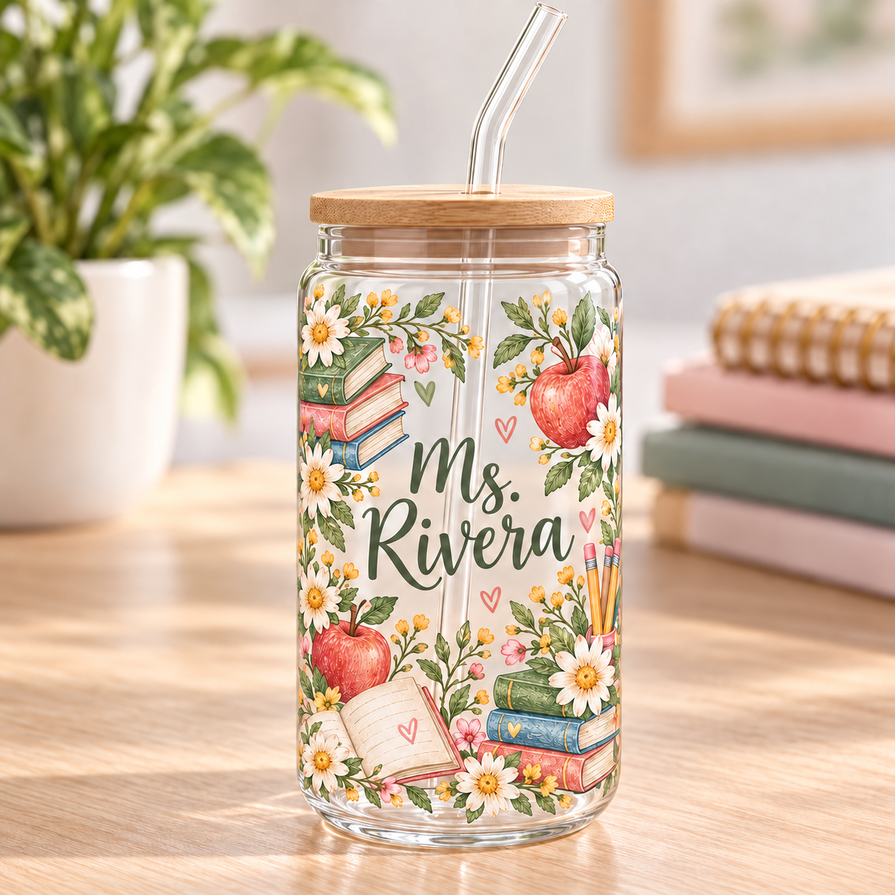 Personalized Teacher Books & Blooms Glass Mug · 550 ml — front view