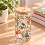 Personalized Teacher Books & Blooms Glass Mug · 550 ml — angled view