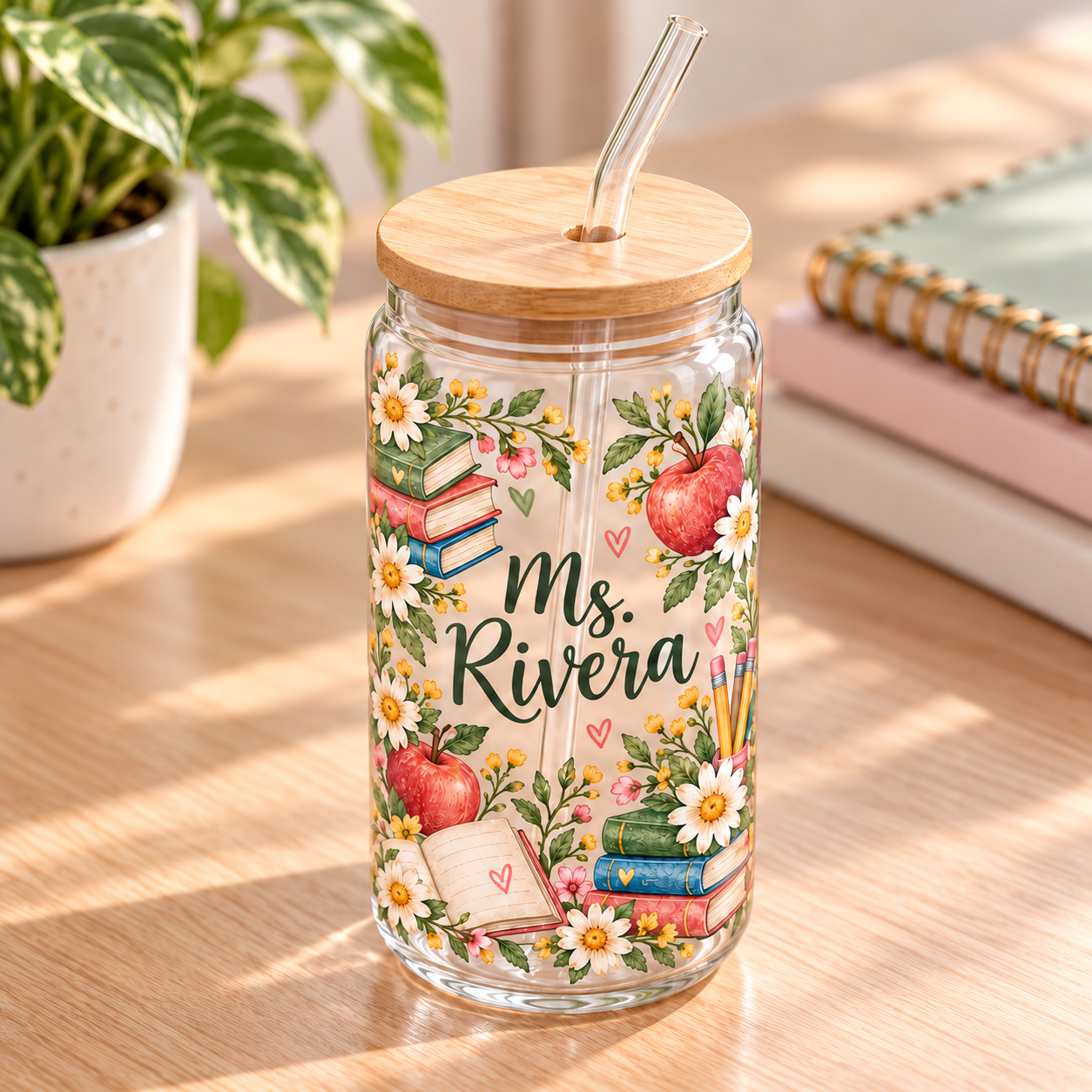 Personalized Teacher Books & Blooms Glass Mug · 550 ml — angled view