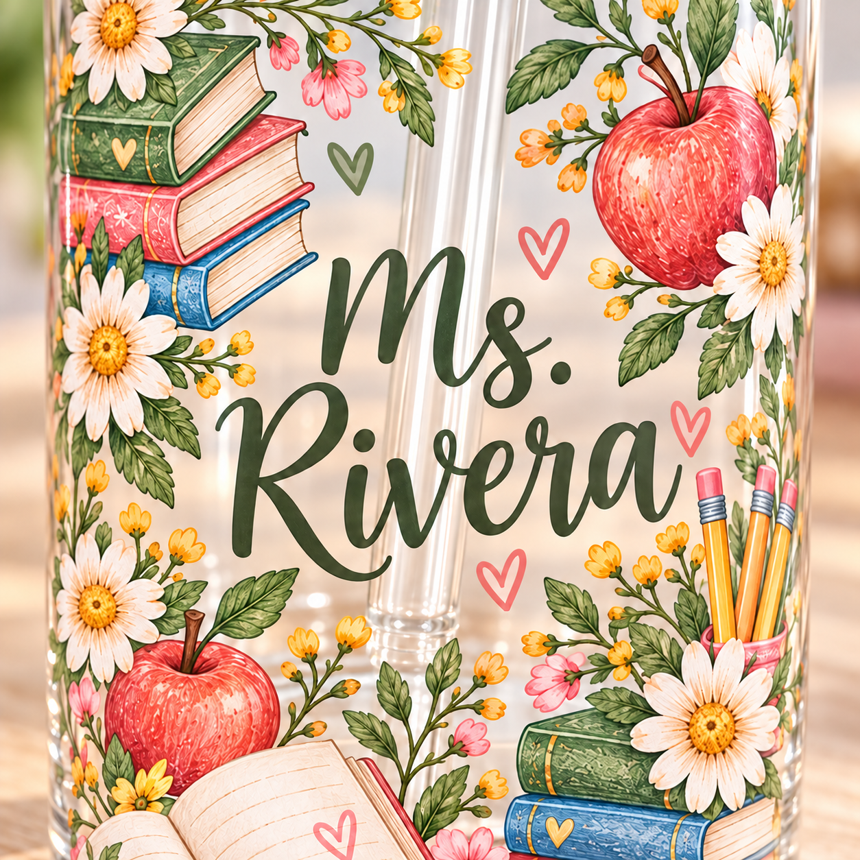 Personalized Teacher Books & Blooms Glass Mug · 550 ml — detail view