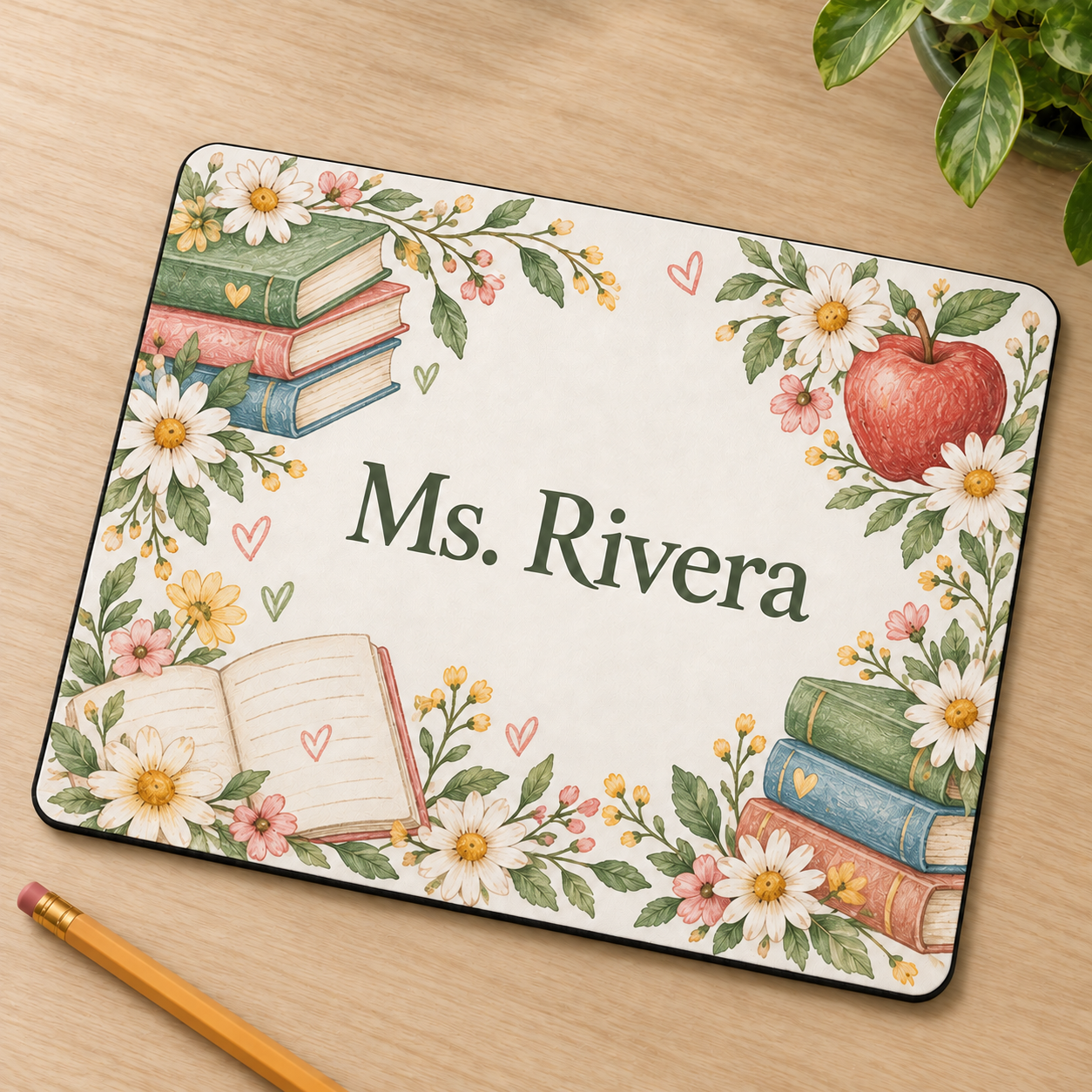 Personalized Teacher Books & Blooms Mousepad — front view