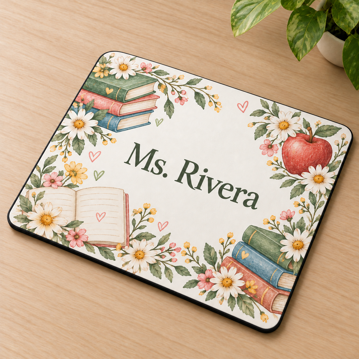 Personalized Teacher Books & Blooms Mousepad — angled view
