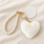 Included pearl bead loop, white fluffy heart and round personalized charm